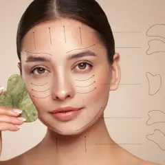 Frau mit Gua Sha Stein und Pfeilen, die die Gua Sha Technik zur Gesichtsstraffung zeigen.