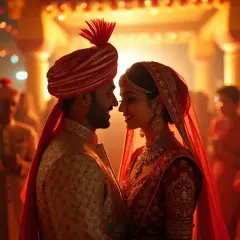 Ein strahlendes Brautpaar bei einer indischen Hochzeit, umgeben von Lichtern und Gästen.