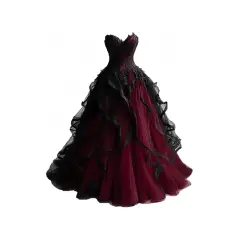 Ein atemberaubendes Ballkleid in Schwarz-Rot, das an ein Gothic-Brautkleid erinnert.
