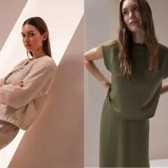 Zwei Frauen präsentieren stilvolle monochrome Outfits: eine in Beige mit Leinenjacke und Hose, die andere in Khaki mit Oberteil und Rock.