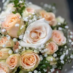 Ein Hochzeitsstrauß mit Pfirsichrosen und Schleierkraut, darin zwei goldene Ringe. Ein Symbol für 27 Jahre verheiratet.