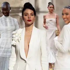 Vier Frauen in weißen Outfits, inspiriert von einer modernen Braut im Standesamt, Wintermode.