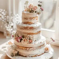 Eine dreistöckige Hochzeitstorte im Vintage-Stil, dekoriert mit zarten Rosen und Schleierkraut, bestäubt mit Puderzucker.