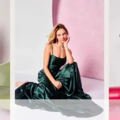 Drei Frauen in eleganten Abendkleidern: blau-glitzernd, smaragdgrün und pink.