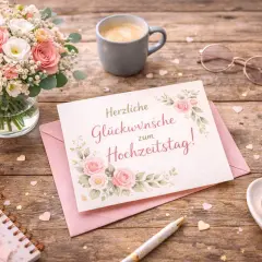 Ein Strauß Rosen, eine Tasse Kaffee und eine Karte mit der Aufschrift "Herzliche Glückwünsche zum Hochzeitstag!" – alles liebe zum Hochzeitstag!