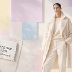 Ein Model trägt ein cremefarbenes Outfit vor pastellfarbenen Hintergründen. Ein Stoffmuster zeigt die Pantone Farbe des Jahres: Cloud Dancer.