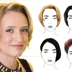 Frau mit blondem Bob und vier stilisierten Gesichtern, die verschiedene Frauen-Haarschnitte zeigen.