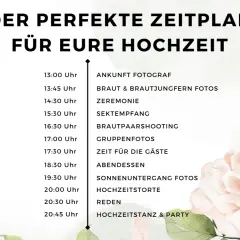 Der perfekte Zeitplan für eure Hochzeit: Von der Ankunft des Fotografen bis zum Hochzeitstanz, alles ist geplant.