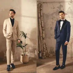 Ein Mann in einem hellbeigen Anzug und ein Mann im dunkelblauen Smoking. Beide tragen einen eleganten englischen Anzug, der für verschiedene Anlässe geeignet ist.