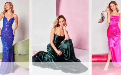 Drei Frauen in eleganten Abendkleidern: blau-glitzernd, smaragdgrün und pink.