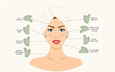 Illustration zeigt die Gua Sha Anwendung im Gesicht zur Straffung, Glättung von Falten und Verbesserung des Hautbildes.