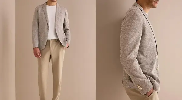 Stilvolles Standesamt Outfit Mann: Mann trägt hellgraues Sakko, weißes T-Shirt und beige Hose. Perfekt für den besonderen Tag.