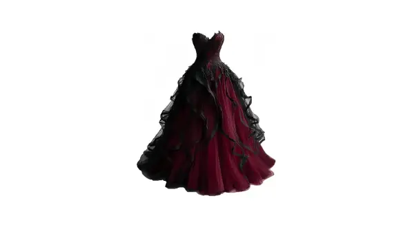 Ein atemberaubendes Ballkleid in Schwarz-Rot, das an ein Gothic-Brautkleid erinnert.
