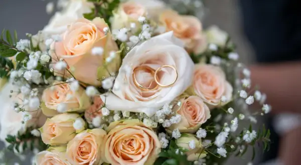 Ein Hochzeitsstrauß mit Pfirsichrosen und Schleierkraut, darin zwei goldene Ringe. Ein Symbol für 27 Jahre verheiratet.