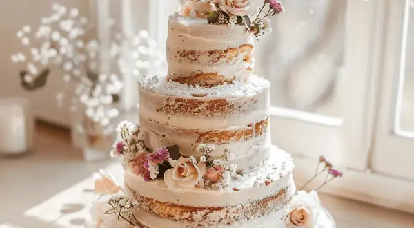 Eine dreistöckige Hochzeitstorte im Vintage-Stil, dekoriert mit zarten Rosen und Schleierkraut, bestäubt mit Puderzucker.