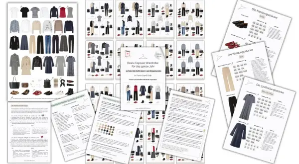 Eine Basis-Capsule Wardrobe Liste mit 33 Teilen und Outfit-Ideen im French-Scandi-Style.