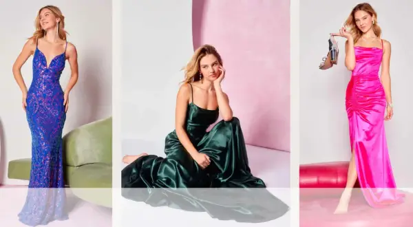 Drei Frauen in eleganten Abendkleidern: blau-glitzernd, smaragdgrün und pink.