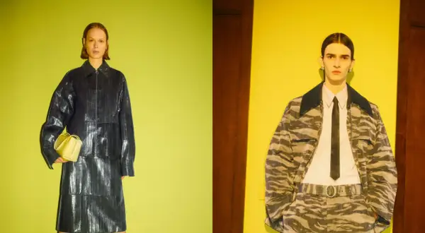 Zwei Models präsentieren moderne Outfits. Links eine Frau in schwarzem Lackmantel, rechts ein Mann im Camouflage-Look. Beide tragen Kleidung von deutschen Klamotten Marken.