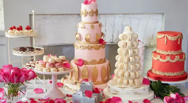 Ein prachtvolles Kuchenbuffet für eine Hochzeit: mehrstöckige Torten in Rosa und Rot, Macarons-Türme und Rosen.