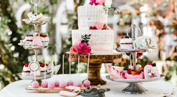 Festlicher Sweet Table mit zweistöckiger Torte, Cupcakes und Keksen. Ein süßer Genuss für die Feier zum 6 Jahre verheiratet Jubiläum.