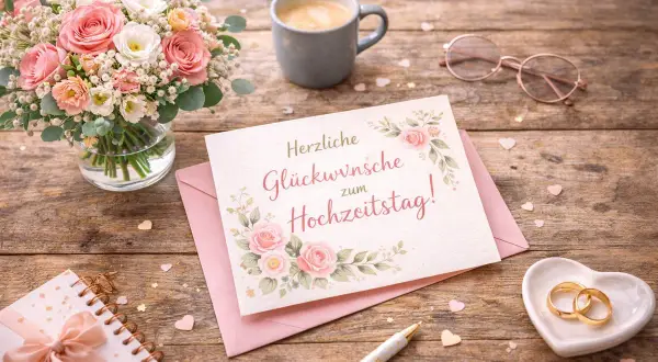 Ein Strauß Rosen, eine Tasse Kaffee und eine Karte mit der Aufschrift "Herzliche Glückwünsche zum Hochzeitstag!" – alles liebe zum Hochzeitstag!
