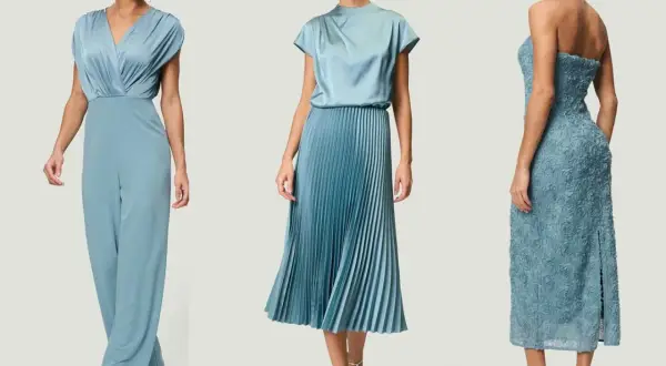Drei Damen in eleganten blauen Kleidern, perfekt für die Hochzeit der Brautmutter.