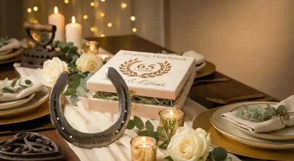 Festlich gedeckter Tisch mit Hufeisen und Holzkiste zur eisernen Hochzeit. 65 Jahre Ehe von Horst & Elfriede gefeiert.