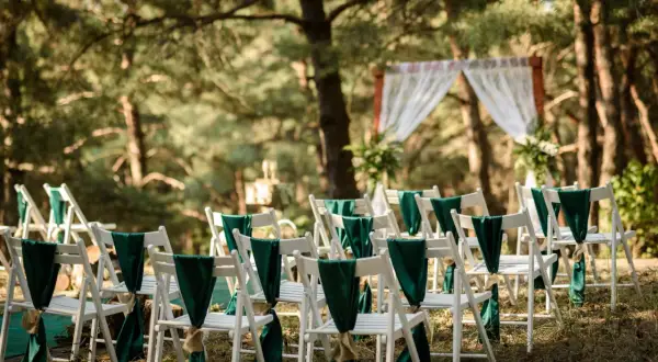 Reihen weißer Stühle mit grünen Schleifen schmücken den Weg zur Trauung. Eine romantische Hochzeit im Wald.