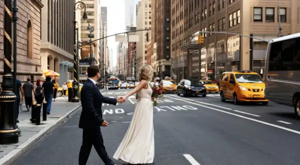 Ein Brautpaar hält Händchen und überquert eine belebte Straße in New York. Ein romantisches Bild für alle, die im Ausland heiraten möchten.