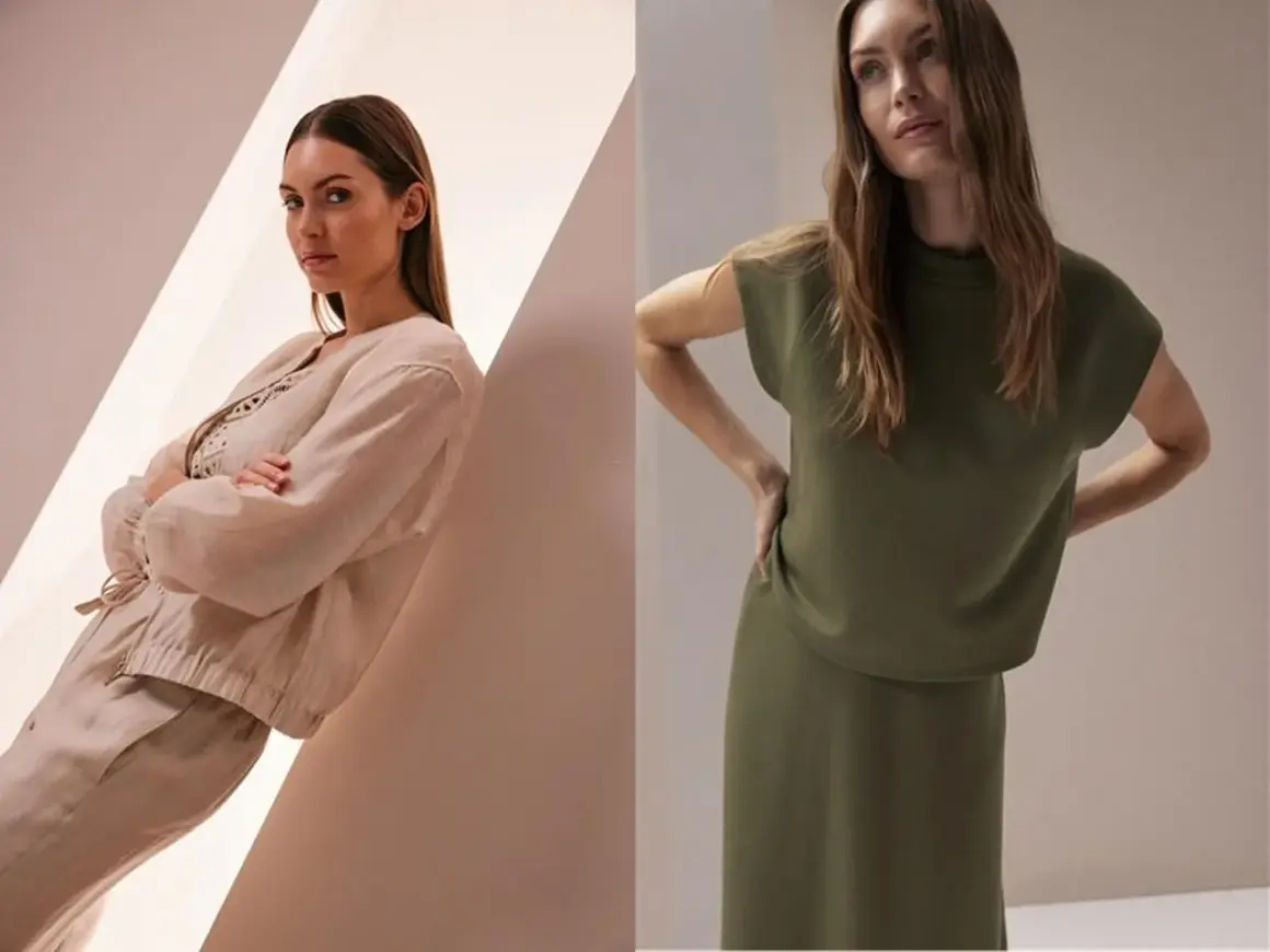 Zwei Frauen präsentieren stilvolle monochrome Outfits: eine in Beige mit Leinenjacke und Hose, die andere in Khaki mit Oberteil und Rock.