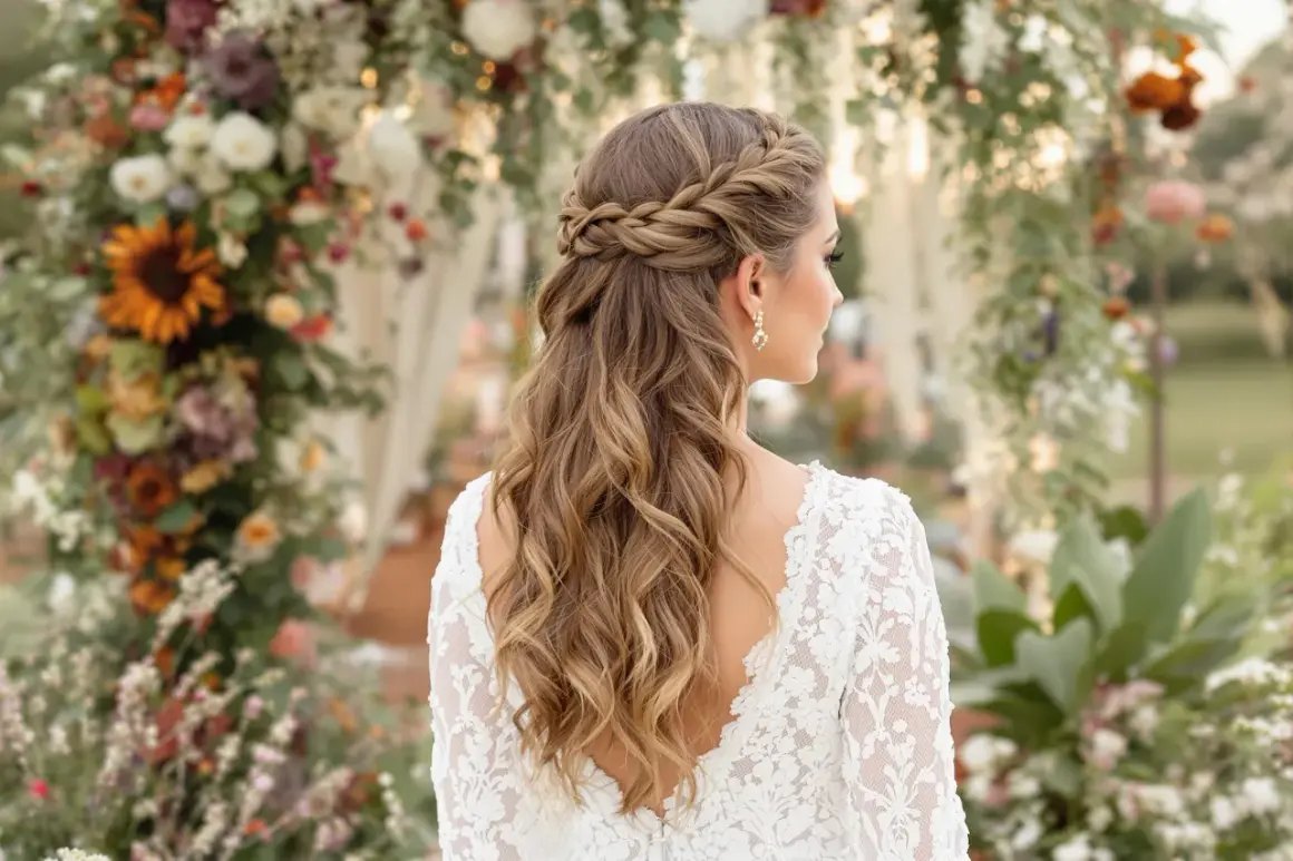 Eine Braut mit einer wunderschönen, geflochtenen Boho-Frisur steht vor einem üppigen Blumenbogen.