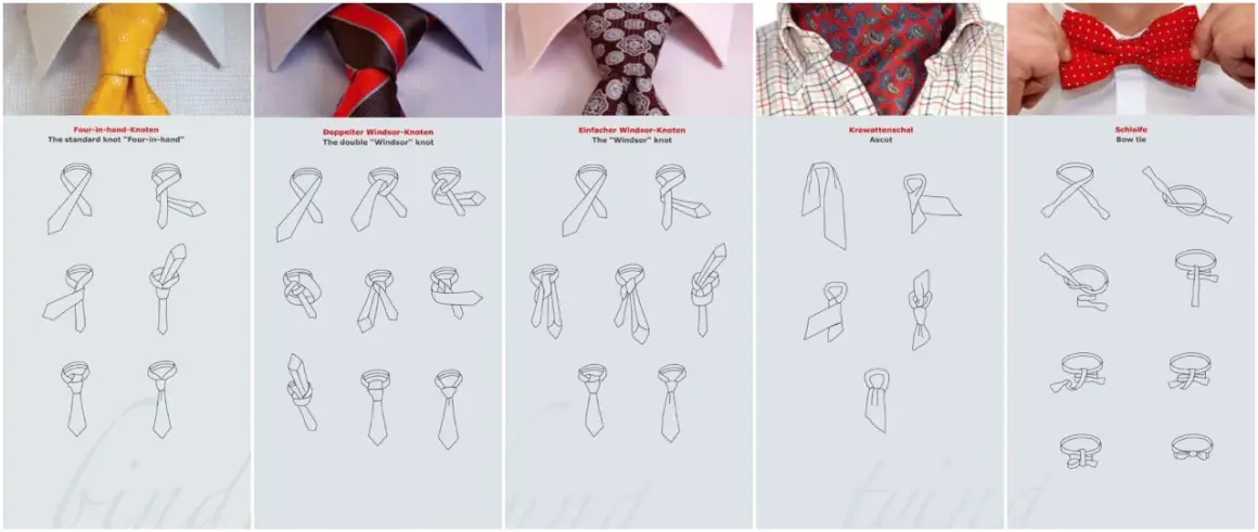 Anleitung zum Krawatte binden: verschiedene Knoten wie Four-in-hand, Windsor und Schleife werden Schritt für Schritt gezeigt.