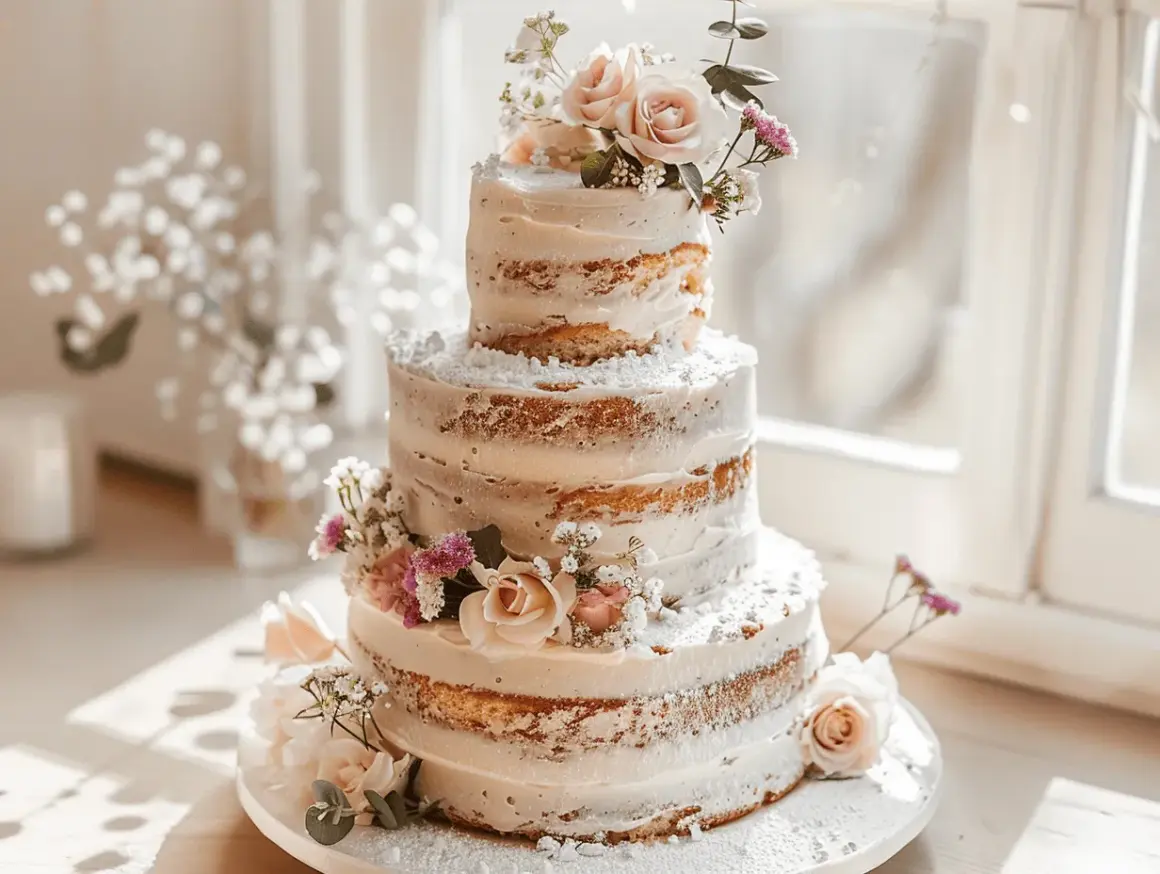Eine dreistöckige Hochzeitstorte im Vintage-Stil, dekoriert mit zarten Rosen und Schleierkraut, bestäubt mit Puderzucker.