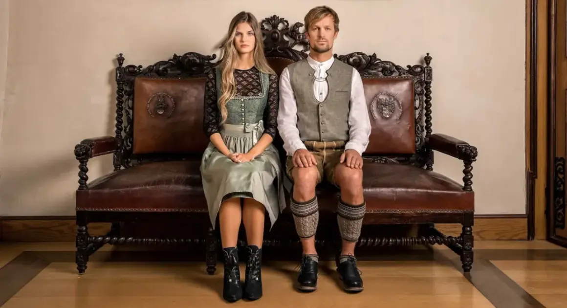 Ein junges Paar sitzt in traditioneller Tracht auf einer antiken Ledercouch. Sie sind bereit, in Tracht zu heiraten und zeigen stolz ihre festliche Kleidung.