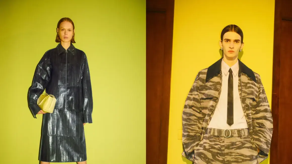 Zwei Models präsentieren moderne Outfits. Links eine Frau in schwarzem Lackmantel, rechts ein Mann im Camouflage-Look. Beide tragen Kleidung von deutschen Klamotten Marken.