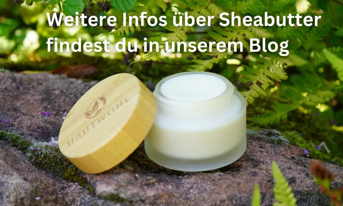 Ein Glas Sheabutter mit Holzdeckel steht im Grünen. Erfahre mehr über die Sheabutter Wirkung Haut in unserem Blog.