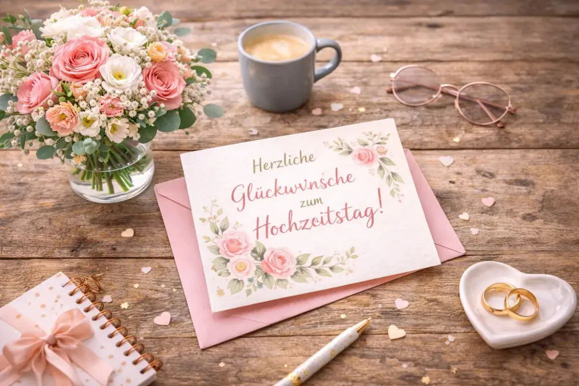 Ein Strauß Rosen, eine Tasse Kaffee und eine Karte mit der Aufschrift "Herzliche Glückwünsche zum Hochzeitstag!" – alles liebe zum Hochzeitstag!