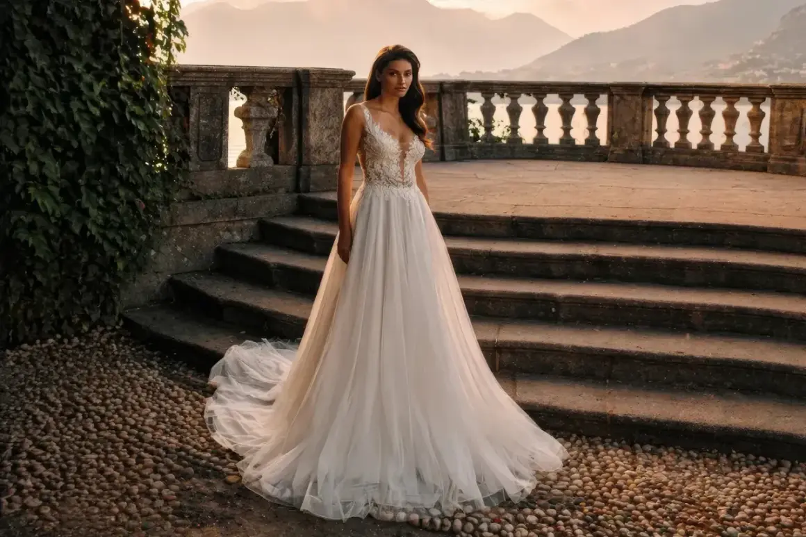 Eine Braut steht auf einer Steintreppe vor einer malerischen Bergkulisse. Ihr atemberaubendes Brautkleid mit zarter Spitze am Oberteil und einem fließenden Tüllrock ist ein Traum.