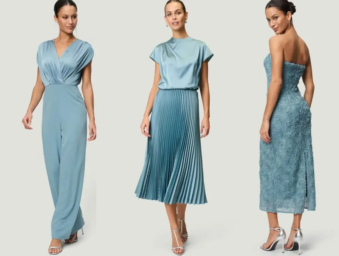 Drei Damen in eleganten blauen Kleidern, perfekt für die Hochzeit der Brautmutter.