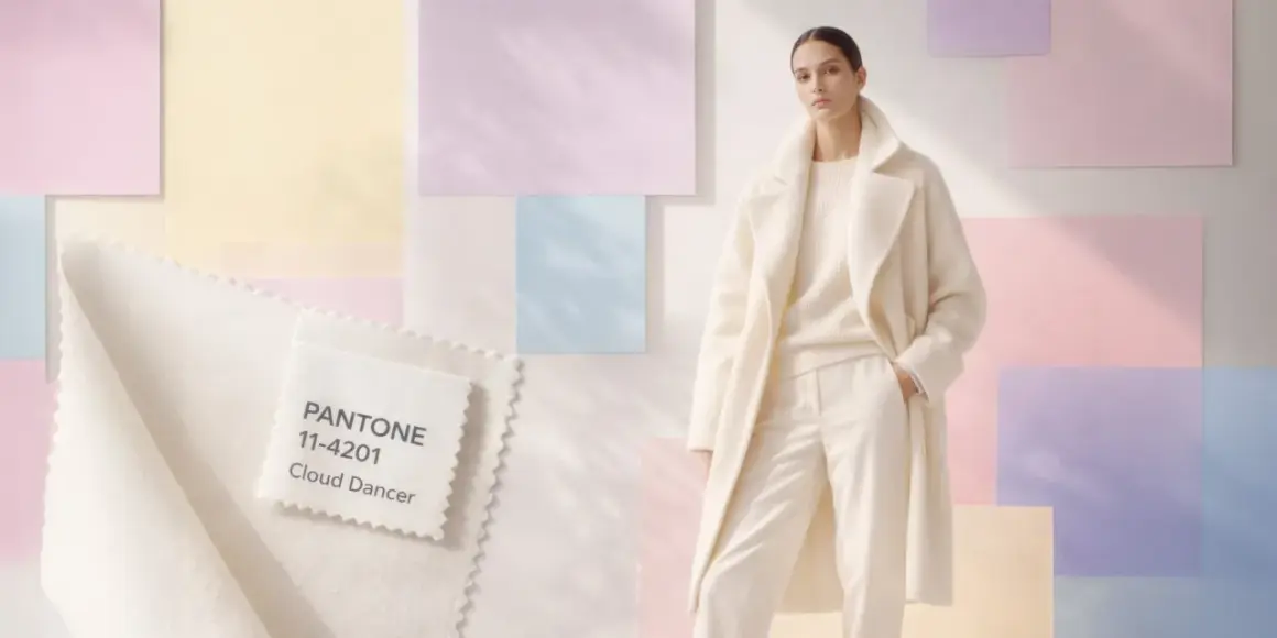 Ein Model trägt ein cremefarbenes Outfit vor pastellfarbenen Hintergründen. Ein Stoffmuster zeigt die Pantone Farbe des Jahres: Cloud Dancer.
