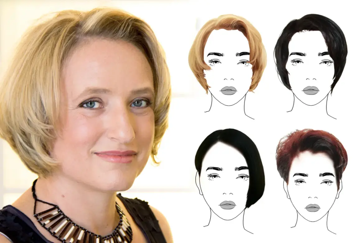 Frau mit blondem Bob und vier stilisierten Gesichtern, die verschiedene Frauen-Haarschnitte zeigen.