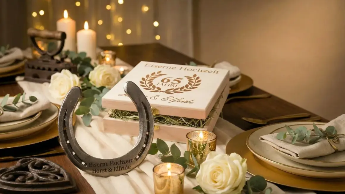 Festlich gedeckter Tisch mit Hufeisen und Holzkiste zur eisernen Hochzeit. 65 Jahre Ehe von Horst & Elfriede gefeiert.