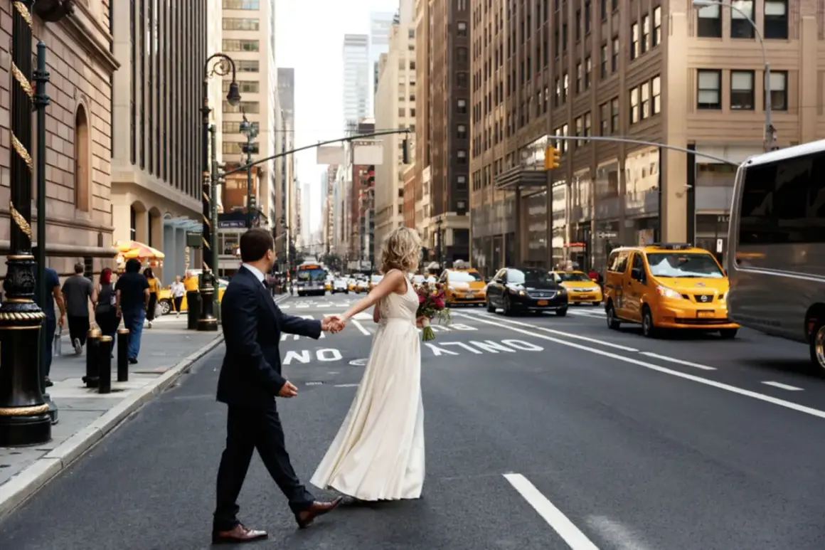 Ein Brautpaar hält Händchen und überquert eine belebte Straße in New York. Ein romantisches Bild für alle, die im Ausland heiraten möchten.