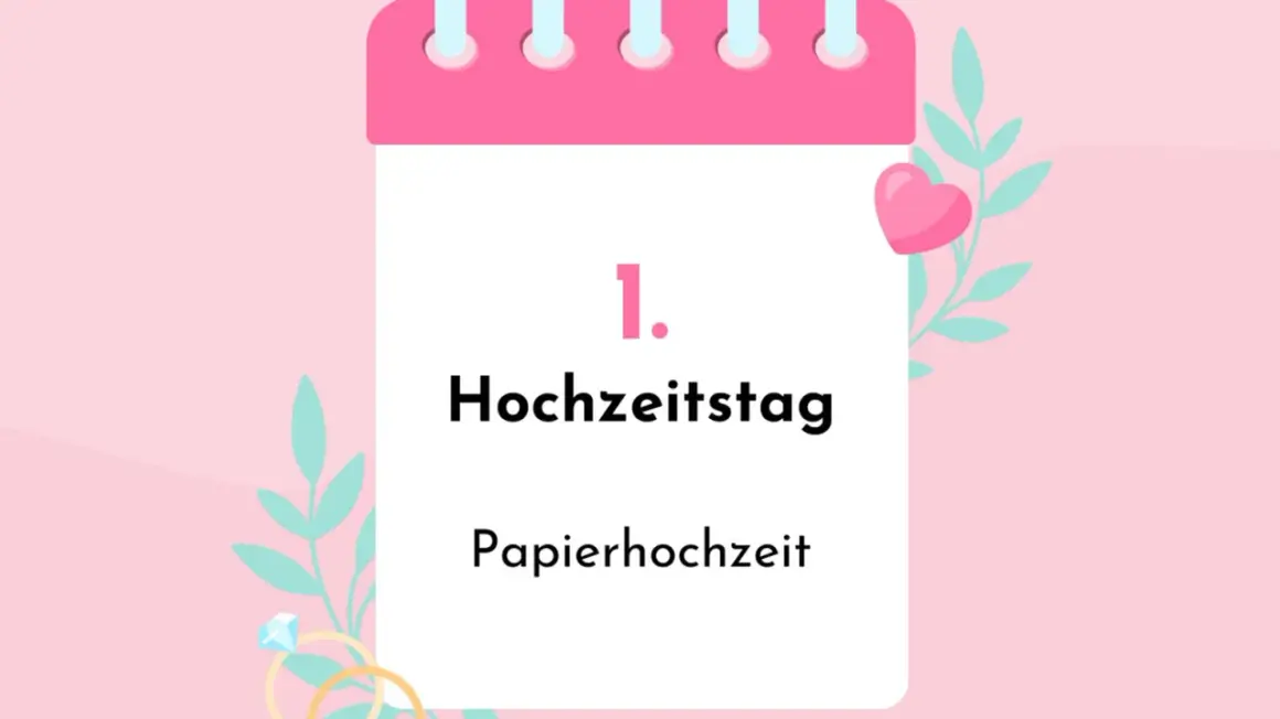 Der 1. Hochzeitstag, die Papierhochzeit, ist ein besonderer Meilenstein. Dekoriert mit Herzen und Blättern.