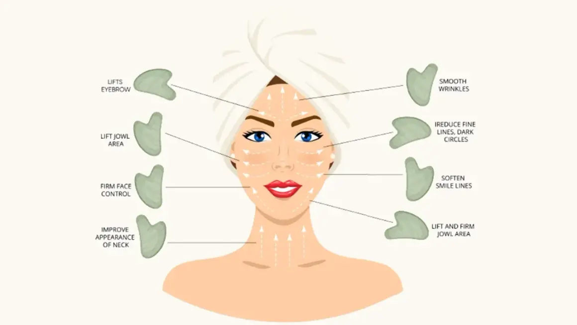 Illustration zeigt die Gua Sha Anwendung im Gesicht zur Straffung, Glättung von Falten und Verbesserung des Hautbildes.