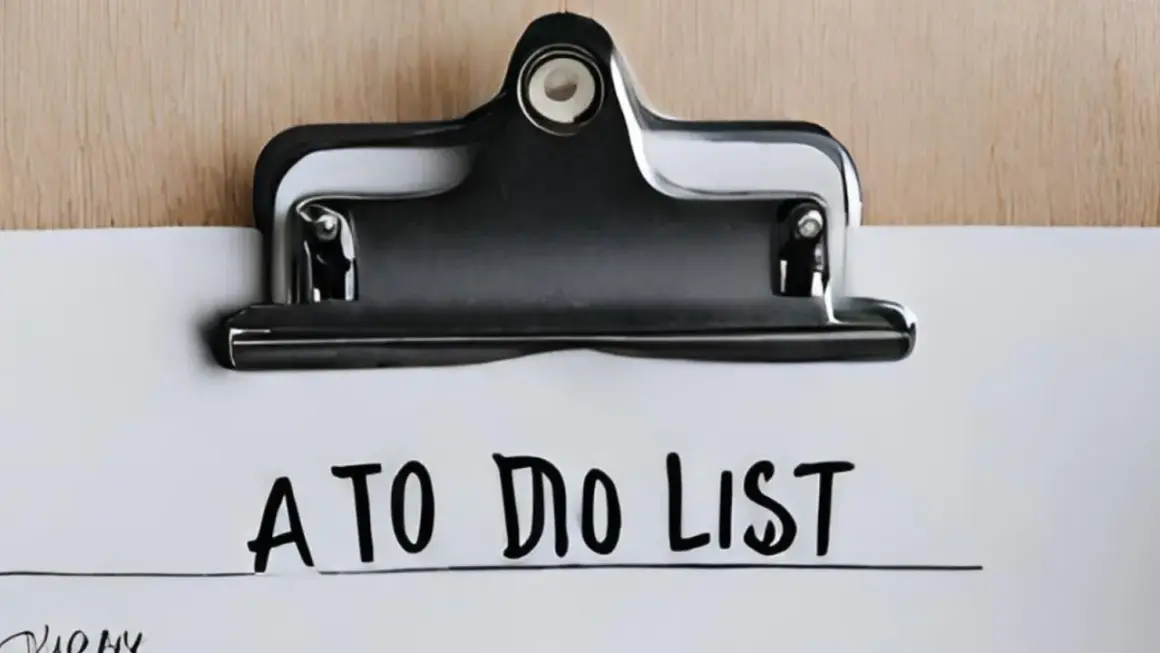 Klemmbrett mit "A TO DO LIST" beschriftet. Ein neuer Eintrag auf der Bucket List wird vorbereitet.