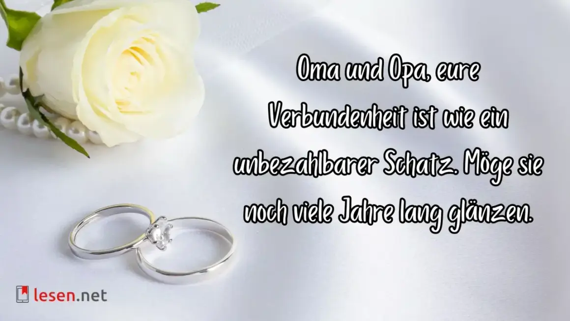 Zwei Ringe, eine weiße Rose und Perlen symbolisieren die 60 Jahre Hochzeit von Oma und Opa. Ihre Verbundenheit glänzt wie ein Schatz.