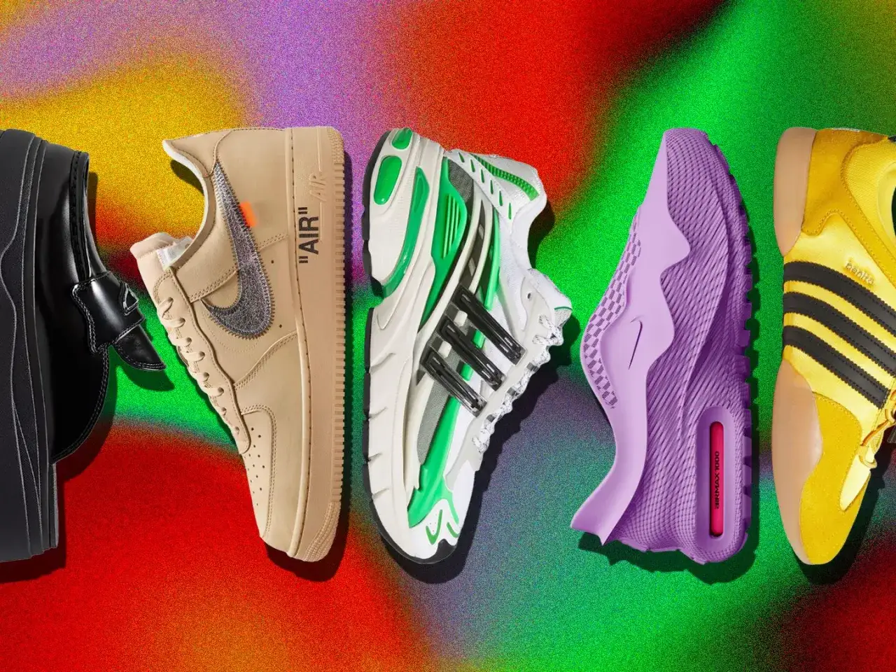 Fünf trend sneaker in verschiedenen Farben und Stilen, von schwarz bis gelb, auf buntem Hintergrund.