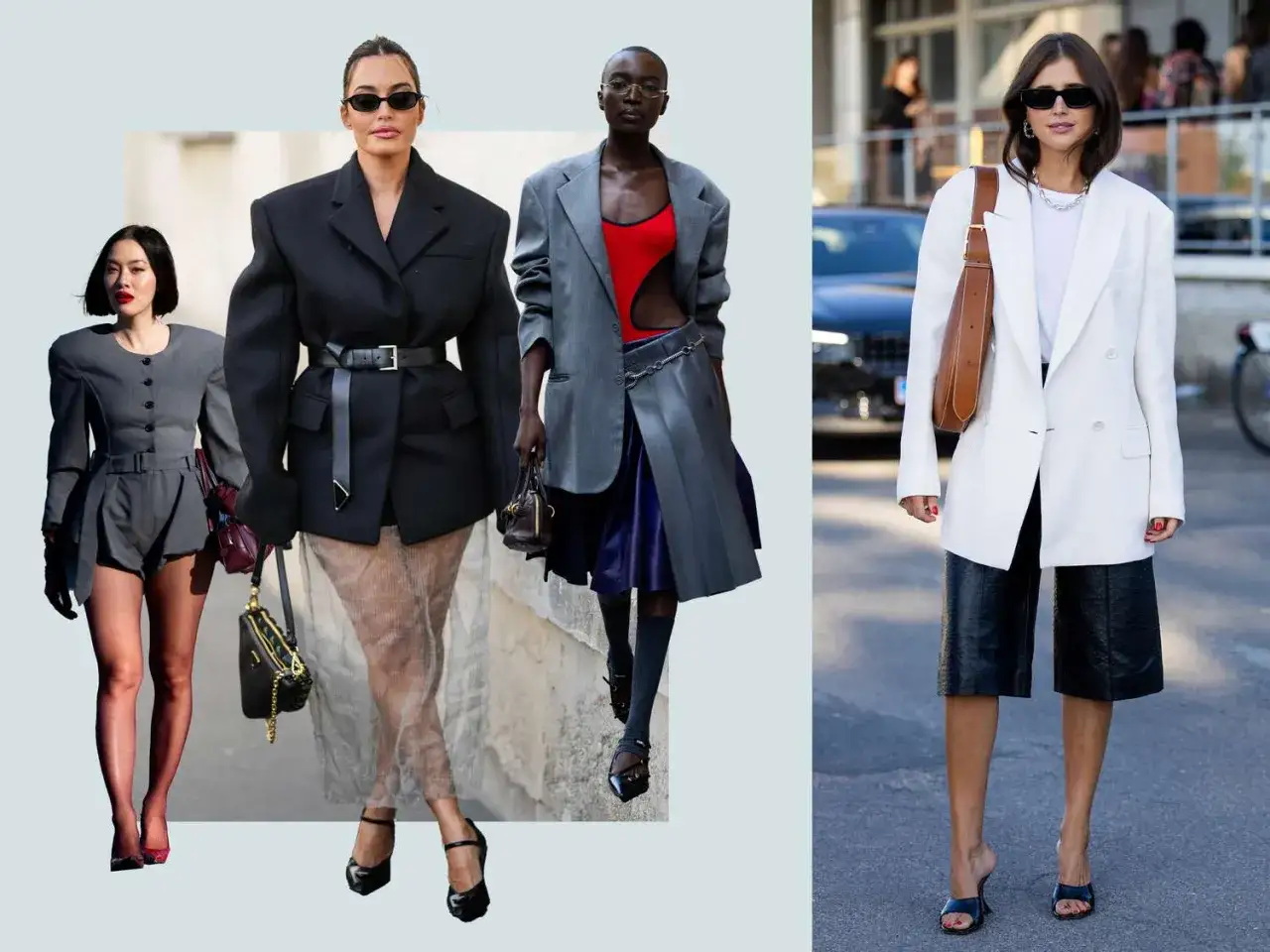 Drei Frauen zeigen, wie man einen Blazer kombiniert: in Grau mit Shorts, ein Oversize-Blazer mit G&uuml;rtel und transparentem Rock, und ein wei&szlig;er Blazer mit Leder-Culotte.