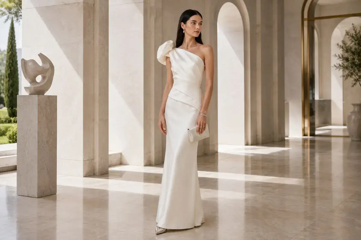 Elegantes Abendkleid in Farbe ivory, ein schulterfreies Design mit Raffungen und einer auff&auml;lligen Schulterverzierung.